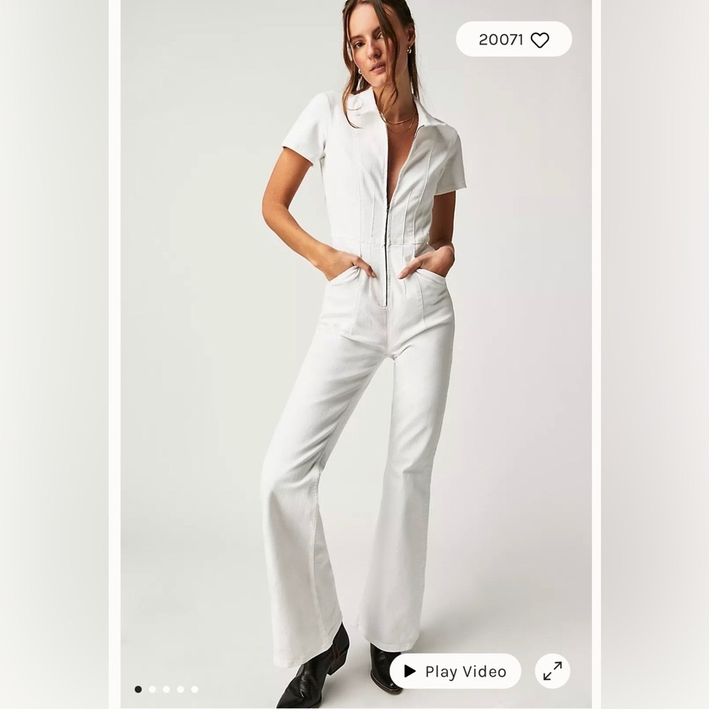 Free People White Denim Jumpsuit. Flare leg, cinched waste, never worn, tags on